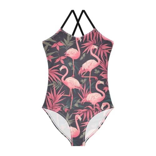 KLL Pink Flamingos on Black Background Girls 1 Piece Swim Suit Summer Swimming Suits with Adjustable Straps Cute