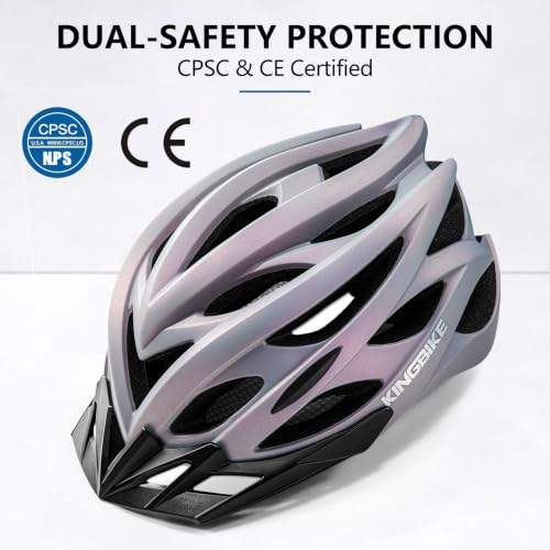 Image of KINGBIKE Bike Helmet with USB Rechargeable Light & Replacement Pads & Visor (Gray Neon Pink, M(52-56CM))