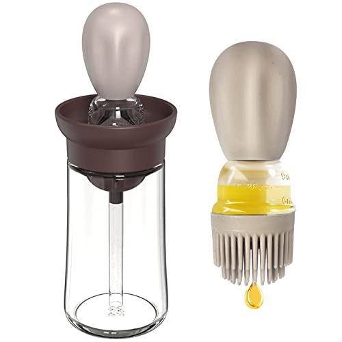Botella de Aceite de Vidrio con Pincel de Silicona, 180 ml Dispensador Deoliva con Brocha 2 en 1,Botella de Cepillo de Aceite para Cocina, Barbacoa,Freír,Picnic, Hornear y Tortitas(1 pcs) (Marrón)
