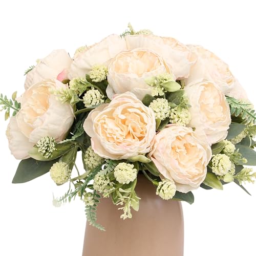 KP HOME Mazzo di Peonie Artificiali in Seta Tocco Reale - Fiori Finti Per Decorazioni con 12 Capolini Crema, Steli H 28 cm - Composizione per Interni ed Esterni, Tavola, Matrimoni, Eventi o Cimitero