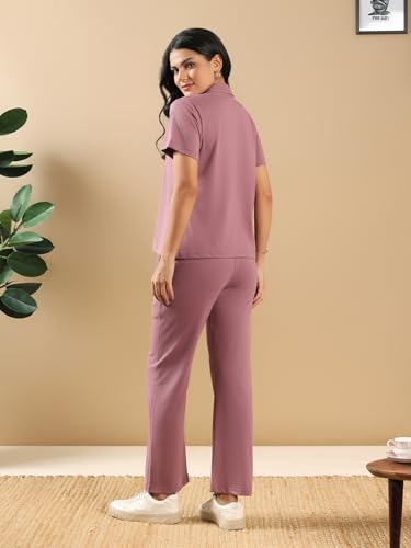 Image of Kvetoo Women Solid Tracksuit Set Cotton Lounge Wear Set Half Sleeve Polo T-Shirt & Straight Pant Casual Travel Outfit