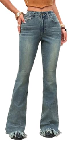 Bell Bottom Jeans for Women High Waisted Stretchy Skinny Denim Flare Pants | Classic versatile high-waist stretch skinny flare jeans, frayed raw hem, wide bell-bottom cut slims figure & elongates legs