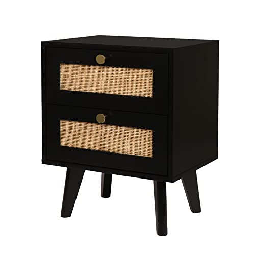 Anmytek Black Nightstand, Farmhouse Rattan Nightstand Wood Bedside Table With 2 Drawers Mid Century Modern Nightstand End Table For Bedroom Living Room Dorm, H0066 #TOP5
