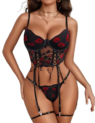 Image of Avidlove Women's Lingerie 4 Piece Garter Lingerie Floral Lace Bra and Panty Sets with Underwire S-XXL