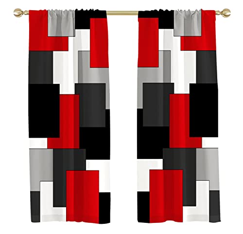 Aatter Red And Black Window Curtain Grey Gray White Multicolor Geometric Silver Dark Abstract Square Art Living Room Bedroom Window Drapes Treatment Fabric 1 Pair Home Decor, 42" W X 63" L, Modern #TOP1