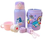 Kids Water Bottle Unicorns Travel Thermoses with Straw Shoulder Strap 316 Stainless Steel Vacuum Cup BPA Free Insulated Dinosaur Drinking Hot Water Flask with Carrier Holder (unicorn 3, 500ml)