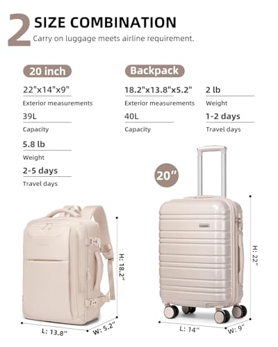 Image of LARVENDER Carry on Luggage 22x14x9 Airline Approved Hardshell Suitcase with Wheels TSA Lock, PC+ABS Lightweight Suitcase Set for Women with Travel Backpack, Glossy Champagne