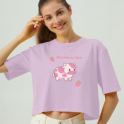 Image of KEEVICI Girls' Cute Strawberry Cow Print T Shirts Short Sleeve Crop Cotton Tops