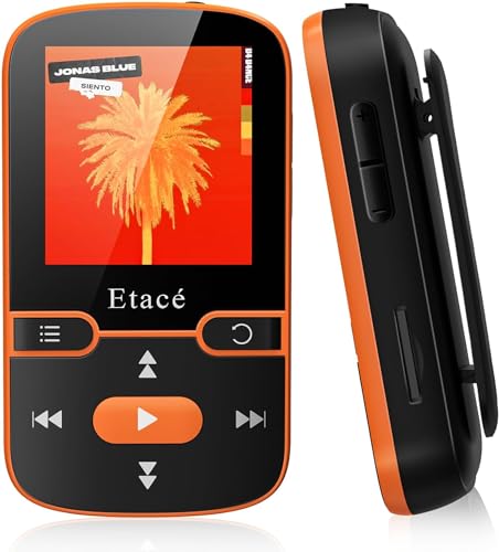 Reproductor MP3 Bluetooth, MP3 Bluetooth Running 5.0, 16GB, Radio FM, E-Book, Podómetro, Grabadora de Voz, Diseño Mini, Pantalla de Color de 1.5 Pulgadas, Soporte hasta 128GB Tarjeta-Naranja