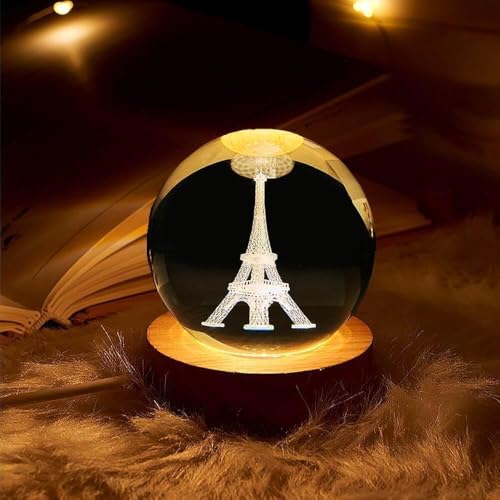 Image of UCRAVO Eiffel Tower Crystal Ball Creative Small Gift Crystal Ball Small Night Lamp with Light-Emitting Base Paperweight Display Sculpture Home Decor Gifts for Women Friends Carving Decoration
