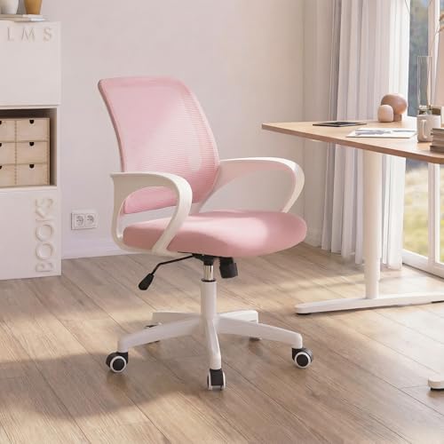 NEO CHAIR Office Desk Ergonomic Mesh Computer Chair with Lumbar Support Adjustable Height Swivel Rolling Wheels Comfy Mid Back Task Chair for Home Bedroom Vanity Study (Pastel Pink)