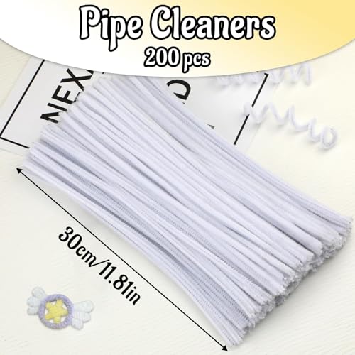 Image of Mnuizu 200 Pcs Pipe Cleaners, Chenille Pipe Cleaners Bulk Craft Supplies | Fuzzy Sticks Pipe Cleaners for Flower, Animal Making, Christmas Craft for Art Projects, White