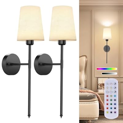 10000mAh Battery Operated Wall Sconces Set of Two, Wireless Wall Sconce with Rechargeable Bulbs and Remote,15 Colors & Dimmable,Black Sconces Wall Decor Set of 2 for Bedroom Living Room Hallway