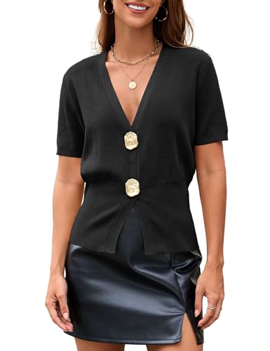 Tanming Womens Pullover Sweaters Solid Trendy Deep V Neck Button Up Waist Cinched Short Sleeve Knit Sweater Tops
