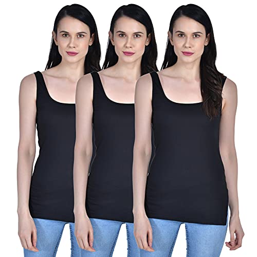 Image of Women's Regular Fit Sleeveless Cotton Long Camisole Slip Spaghetti Combo Pack of 3