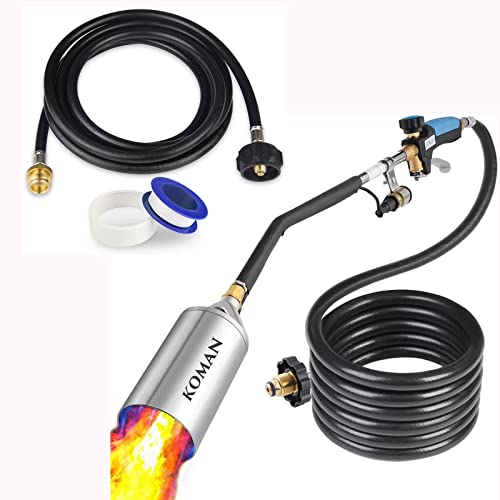 KOMAN 12FT High-pressure Propane Tank Adapter Hose,1lb to 20lb,Converter for Buddy Heaters,Heavy Duty Weed Torch Burner,Propane Torch Weed Burner,Self Igniting Flame Weeder for Weeding,Roof Asphalt