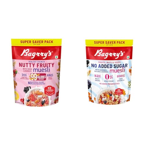 Image of Bagrry's Crunchy Nutty Fruity Muesli with Seeds & Berries 1kg | 78% Fruit, Nuts, Seeds & + Bagrry's No Added Sugar Muesli with Fruits, Nuts & Seeds - 700g | High Fibre & Protein | 0%