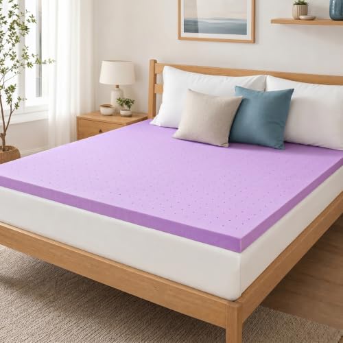 Image of DUMOS 2 Inch Cooling Memory Foam Mattress Topper Queen, Gel Ventilated Soft Pressure Relief Mattress Pad, Breathable Bed Topper for Bedroom, RV and Sleeper Sofa, CertiPUR-US Certified, Purple