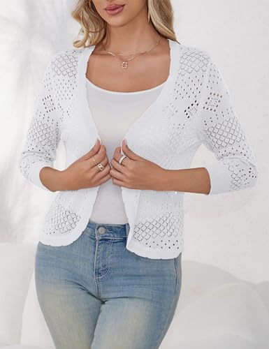 Image of REDHOTYPE Women's 3 /4 Sleeve Cardigan Open Front Cropped Shrugs Summer Hollowed Lightweight Cardigans Sweater (S-XL)