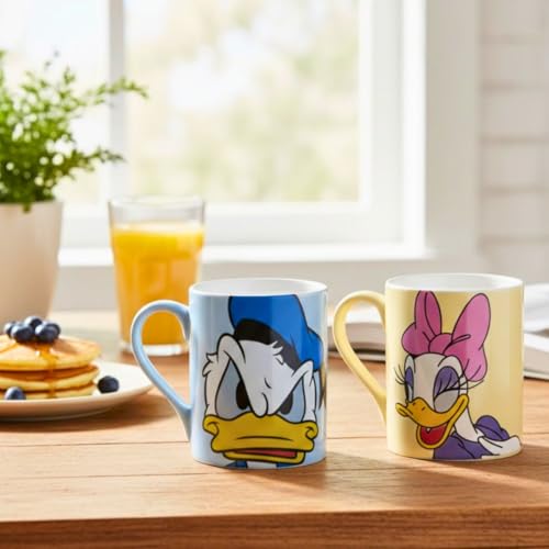 Image of Clay Craft x Official Disney Donald and Daisy Duck Valentine Special Ceramic Mug Set (Set of 2, 330ml) - Romantic Couple Gift for Valentine's Day, Anniversary & Wedding - Microwave & Dishwasher Safe