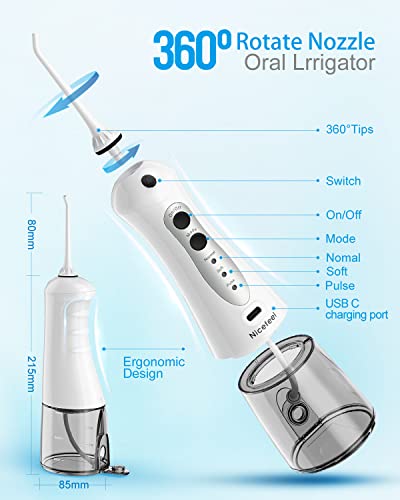 Nicefeel Cordless Water Flosser 300ML USB Rechargeable and Portable Oral Irrigator with Tips Case for Travel, 3-Modes IPX7 Waterproof Water Dental Flossing with 4 Jet Tips for Home - Thumbnail 2