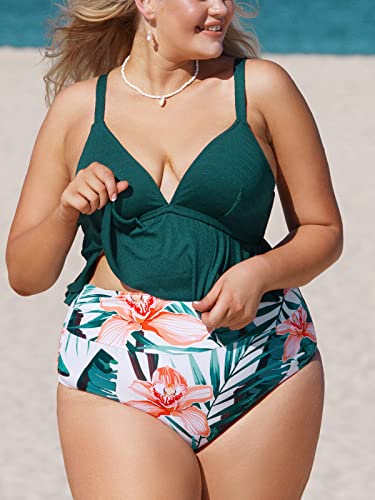 Cupshe Women's High Waisted Green And Floral Ruffled Plus Size Bikini, 1X #TOP1