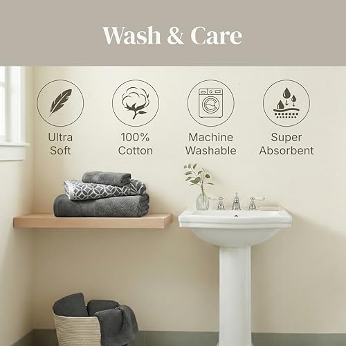 Image of Modern Threads 6 Piece Bath Towel Set - Bathroom Set with 2 Bath Towels, 2 Hand Towels, and 2 Wash Cloths - 100% Cotton, Super Absorbent & Extra Soft - Reversible Botanical Vine (Gray)