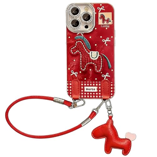2026 Embroidered Pony Lanyard New Year Phone Case for iPhone 17/16/15/14/13/12 Plus Pro Max Series, Year of The Horse Cute Horse