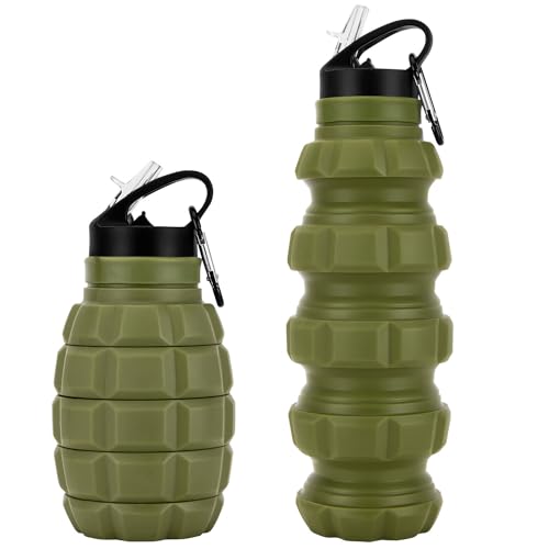 PenghaiYunfei 19.6OZ Foldable Water Bottle Army Water Bottle Reuseable BPA Free Air up Water Bottles for Gym Camping Hiking, Portable Leak Proof Water Bottles with Carabiner (Army Green)