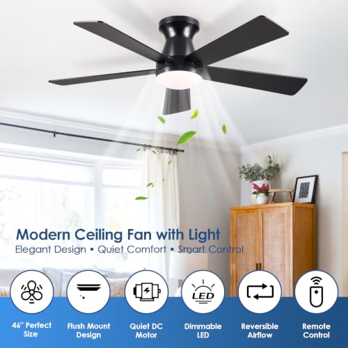 Image of Mpayel 46'' Black Low Profile Ceiling Fan with Light and Remote Flush Mount