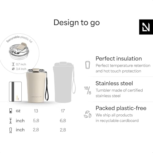 Image of LARS NYSOM Thermo Coffee Mug to go with Strap 13oz | Travel Mug 0.38 Liter with Insulation | Leak Proof Stainless Steel Thermal Tumbler for Coffee and Tea to Go (Cream Beige, 12.9oz)