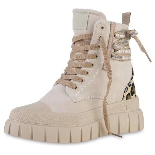 VAN HILL Damen Sneakerstiefel Keilabsatz Prints Trendy Schuhe 214304 Beige Leo 41