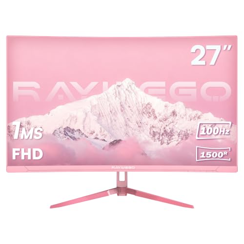 Raywego 27 Inch Pink Curved Monitor for Desk Setup 100Hz FHD 1080P Computer Monitor 1500R Curved Display FreeSync Eye-Care Technology HDMI & DP Home Office Study & Casual Gaming