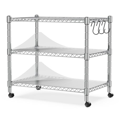 Image of Heavy Duty 3-Shelf Shelving Unit, 24.02 inch W x 13.78 inch D x 21.97 inch H Chrome Steel Storage Rack with Wheels, 2 PP Shelf Liners and Hooks, Adjustable Under Desk Organizer for Kitchen, Office, Garage