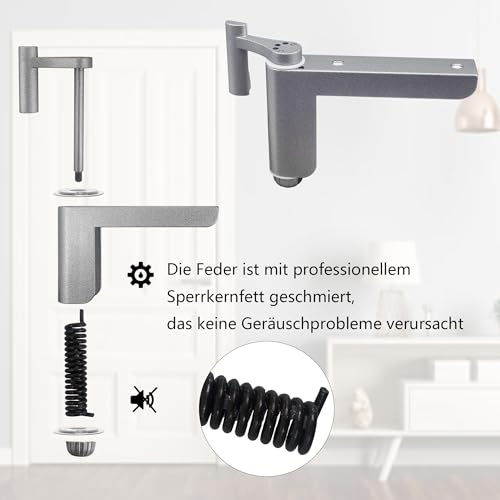 Türschließer ohne Bohren - Minitürschließer, automatischer Türschließer für leichte Innentüren, geeignet für DIN links/rechts schließende Zimmertüren - 1 Stück Silber