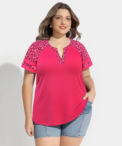 Image of CARCOS Plus Size Tops for Women Short Sleeve Summer Pullover Color Block Crewneck /V Neck Tee Tunic Loose Fit Tshirts XL-5XL