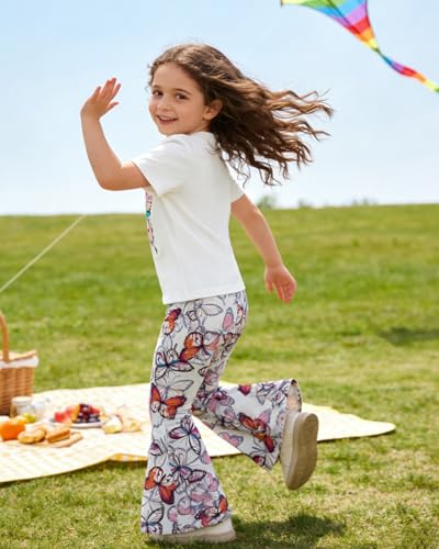 Image of OLMRJKD Kid Toddler Girl Clothes Outfits Short Sleeve Butterfly Top Flared Leg Pants Summer Clothing Set