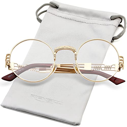 AIEYEZO Round Steampunk Sunglasses John Lennon Hippie Glasses Metal Frame 100% UV Blocking Lens (Gold Transparent)