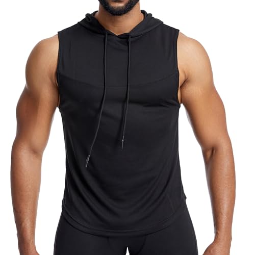 Gefomuofe Camiseta deportiva para hombre, camiseta de tirantes con capucha, camiseta de tirantes para verano, ligera, con capucha, para gimnasio, correr, entrenamiento, Negro , M
