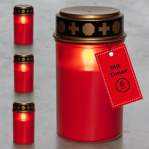 Novaliv Luz LED para tumba sin batería y temporizador 6/18 rojo, 4 quemadores permanentes, efecto parpadeante LED, incluye pilas, velas para cementerio, vela conmemorativa, vela conmemorativa, luz