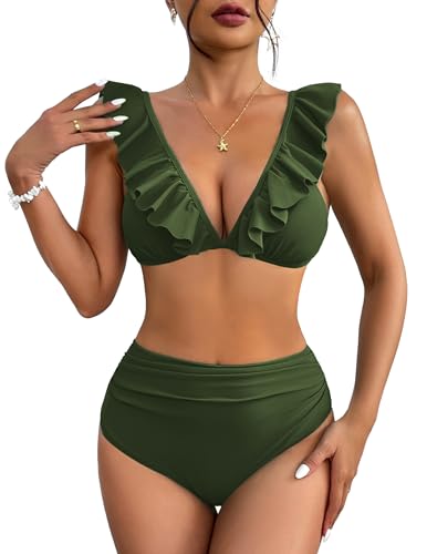 AI'MAGE Conjunto de Bikini para Mujer con Volantes de Cintura Alta, Traje de baño Sexy con Correas Ajustables, Traje de baño de Playa de Verano de Dos Piezas Verde Oliva S