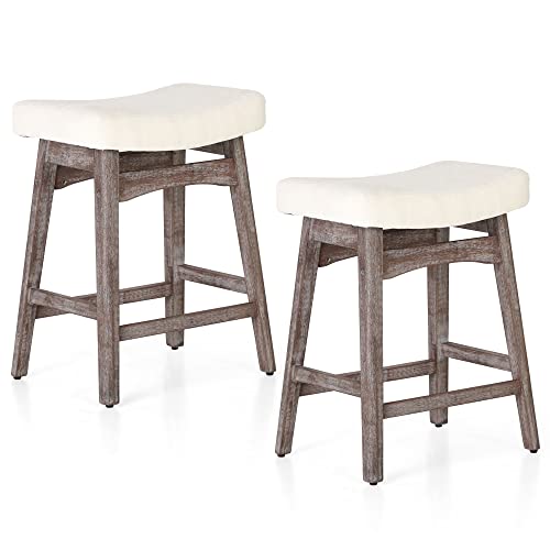 Maison Arts Counter Height Bar Stools Set Of 2 For Kitchen Counter Solid Wood Legs With Fabric Saddle Seat Farmhouse Barstools For 34"-38" Counter Island Upholstered Stools, 24In, Creamy White #TOP2