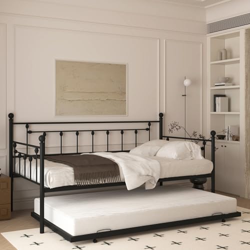 Klwenas Maec Twin Size Daybed with Trundle, Metal Sofa Bed Frame with Pull Out Trundle for Guest Living Room Bedroom Room,Heavy Duty Steel Slat Support-No Spring Box Needed (Black, Twin)