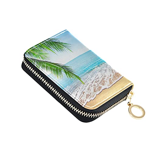 Tropical Palm Trees Sea Beach Credit Card Coin wallet, RFID Blocking Compact Women Leather Card Holder, Key Change Organizer, Zipper Purse Clutch Pouch Pocket