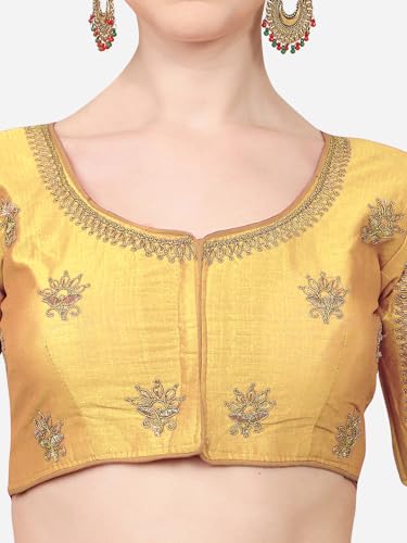 Pujia Mills Women Multicolor Embroidery Mesh Back Khatli Sequence Work Sleeves Ghost Design Silk Blouse Ready for Sari and Lehenga Choli, gold, 38
