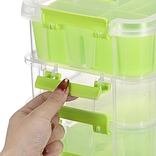 Image of plastic boxes for Storage transparent boxes for storage, Portable & Stackable Space Saving Organiser with Lid for Medicine, Jewelry, Arts & Crafts, Buttons, Beads (Green, 4 TIER WITH 2 TRAY)