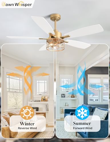 Image of Dawn Whisper 52 Inch Modern Farmhouse Ceiling Fans with Lights White and Gold Rustic Caged Ceiling Fan for Bedroom Living Room Quiet and Reversible DC Motor