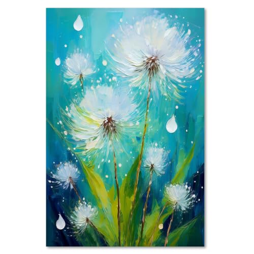 Lienzo abstracto de diente de león para decorar tu salón con tonos azules y verdes