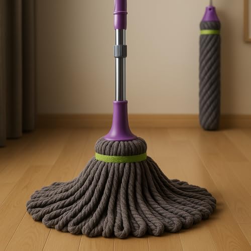 Image of Cotton Self-Wringing Twist Mop with Extendable Telescopic Handle, Multicolor, Silicone Head, 120cm Height, for Tile, Hardwood, Laminate