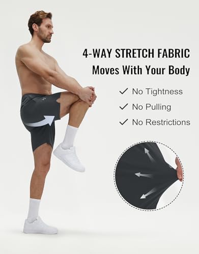 M MAELREG Men's Stretch Athletic Running Shorts with 4 Zipper Pockets 7" Lightweight Breathable Workout Gym Shorts Dark Grey — view 3